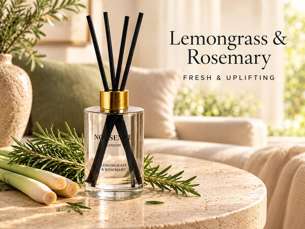 Nousenne Lemongrass & Rosemary reed diffuser in a sunlit living room — fresh and uplifting.