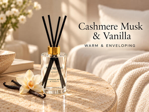 Nousenne Cashmere Musk & Vanilla reed diffuser beside a soft throw — warm and enveloping.