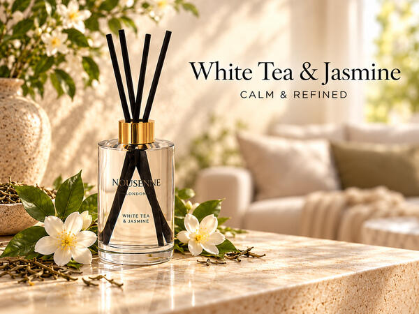 Nousenne White Tea & Jasmine reed diffuser in a softly lit living room — calm and refined.